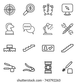 thin line icon set : target, dollar magnifier, alarm clock, monitor arrow, chess horse, discussion, table lamp, pencil wrench, block wall, stairs, check in, garlic clasp, walnut crack, pasta