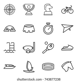 thin line icon set : target, trophy, chess horse, bike, dome house, stadium, stopwatch, deltaplane, pool, diving mask, tennis, jet ski, yacht, windsurfing, inflatable