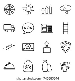 thin line icon set : target, chip, graph up, cloude service, delivery, balloon, district, stairs, credit card, baggage, shield, meal cap, garbage bag, shampoo, wiping