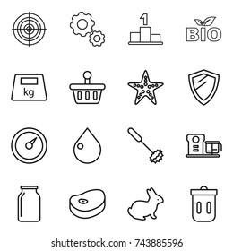 thin line icon set : target, gear, pedestal, bio, heavy, basket, starfish, shield, barometer, drop, whisk, food processor, bank, steake, rabbit, trash bin