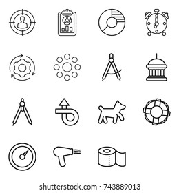 thin line icon set : target audience, report, circle diagram, alarm clock, around gear, round, draw compass, goverment house, drawing compasses, trip, dog, lifebuoy, barometer, hair dryer
