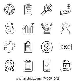 thin line icon set : target audience, clipboard, dollar magnifier, investment, money gift, diagram, trophy, chess horse, puzzle, coin, medal, mobile checking, housing