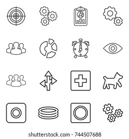 Thin Line Icon Set : Target, Gear, Report, Group, Circle Diagram, Alarm Clock, Eye, Route, First Aid, Dog, Ring Button, Inflatable Pool, Gears