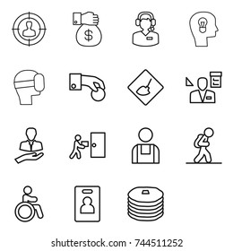 thin line icon set : target audience, money gift, call center, bulb head, virtual mask, hand coin, under construction, architector, client, courier delivery, workman, tourist, invalid, identity card