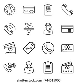 thin line icon set : target audience, card, clipboard, phone, call, 24 7, center, credit, sale label, support manager