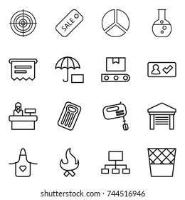 thin line icon set : target, sale, diagram, round flask, atm receipt, insurance, transporter tape, check in, reception, inflatable mattress, mixer, garage, apron, fire, hierarchy, trash bin