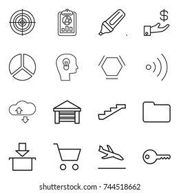 thin line icon set : target, report, marker, investment, diagram, bulb head, hex molecule, wireless, cloude service, garage, stairs, documents, package, cart, arrival, key