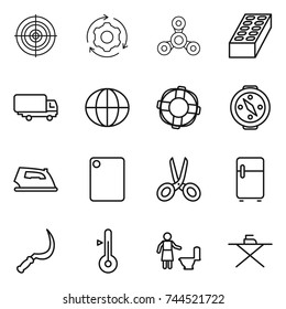 thin line icon set : target, around gear, spinner, brick, shipping, globe, lifebuoy, compass, iron, cutting board, scissors, fridge, sickle, thermometer, toilet cleaning