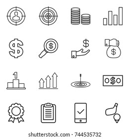 thin line icon set : target audience, coin stack, graph, dollar, magnifier, investment, money gift, pedestal, up, medal, clipboard, mobile checking, golf