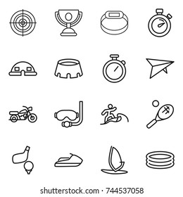 thin line icon set : target, trophy, smart bracelet, stopwatch, dome house, stadium, deltaplane, motorcycle, diving mask, surfer, tennis, golf, jet ski, windsurfing, inflatable pool