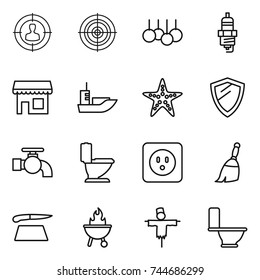 thin line icon set : target audience, sale, spark plug, shop, sea shipping, starfish, shield, water tap, toilet, power socket, broom, cutting board, bbq, scarecrow