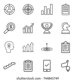 thin line icon set : target audience, graph, clipboard, dollar magnifier, diagram, trophy, chess horse, bulb head, up, stairs, mobile checking, golf