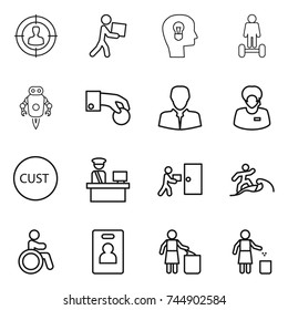 thin line icon set : target audience, courier, bulb head, hoverboard, jet robot, hand coin, client, support manager, customs, control, delivery, surfer, invalid, identity card, garbage bin