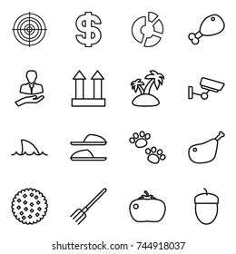 thin line icon set : target, dollar, circle diagram, chicken leg, client, cargo top sign, island, surveillance, shark flipper, slippers, pets, cookies, fork, tomato, acorn