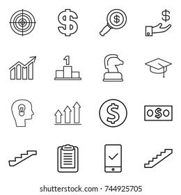 thin line icon set : target, dollar, magnifier, investment, diagram, pedestal, chess horse, graduate hat, bulb head, graph up, coin, money, stairs, clipboard, mobile checking