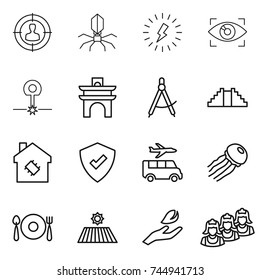thin line icon set : target audience, virus, lightning, eye identity, laser, arch, draw compass, pyramid, smart house, protected, transfer, jellyfish, fork spoon plate, field, hand leaf, outsource