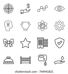 thin line icon set : target, investment, graph, eye, bulb head, hex molecule, atom, round around, bow, star, houses, protected, service bell, crib, mixer, hand and drop