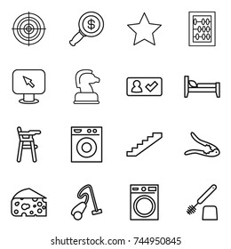 thin line icon set : target, dollar magnifier, star, abacus, monitor arrow, chess horse, check in, bed, Chair for babies, washing machine, stairs, walnut crack, cheese, vacuum cleaner, toilet brush