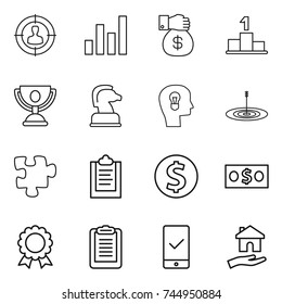 thin line icon set : target audience, graph, money gift, pedestal, trophy, chess horse, bulb head, puzzle, clipboard, dollar coin, medal, mobile checking, housing