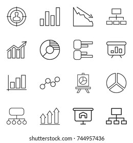 thin line icon set : target audience, graph, crisis, hierarchy, diagram, circle, presentation, structure, up