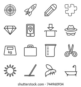 thin line icon set : target, rocket, pencil, puzzle, diamond, mobile location, package, confidential, heavy, suitcase, measuring cup, scissors, gas oven, rake, wasp, bath