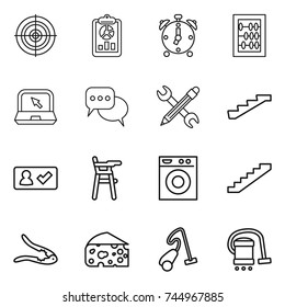 thin line icon set : target, report, alarm clock, abacus, notebook, discussion, pencil wrench, stairs, check in, Chair for babies, washing machine, walnut crack, cheese, vacuum cleaner