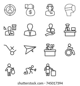 thin line icon set : target audience, money gift, call center, virtual mask, architector, client, customs control, do not trolley sign, deltaplane, inspector, invalid, trash, vacuum cleaner