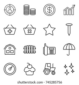 thin line icon set : target audience, coin stack, dollar, diagram, add to basket, delete cart, star, nail, house, fence, phone, dry cargo, barometer, cupcake, tractor, shining
