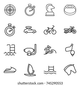 thin line icon set : target, stopwatch, chess horse, smart bracelet, car baggage, bike, motorcycle, pool, diving mask, surfer, golf, jet ski, windsurfing