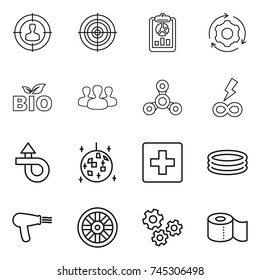 thin line icon set : target audience, report, around gear, bio, group, spinner, infinity power, trip, disco ball, first aid, inflatable pool, hair dryer, wheel, gears, toilet paper