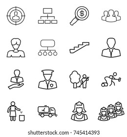 thin line icon set : target audience, hierarchy, dollar magnifier, group, woman, structure, stairs, client, security man, garden cleaning, vacuum cleaner, garbage bin, home call, outsource