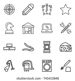 thin line icon set : target, pencil, alarm clock, star, chess horse, warehouse, notebook, wrench, block wall, walnut crack, pasta, cheese, vacuum cleaner, washing machine, toilet brush