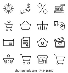 thin line icon set : target audience, investment, percent, cashbox, add to cart, basket, hand coin, credit card, account balance, delete, shop