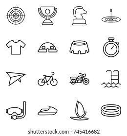 thin line icon set : target, trophy, chess horse, t shirt, dome house, stadium, stopwatch, deltaplane, bike, motorcycle, pool, diving mask, jet ski, windsurfing, inflatable