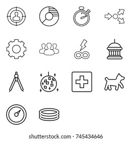 thin line icon set : target audience, circle diagram, stopwatch, core splitting, gear, group, infinity power, goverment house, drawing compasses, disco ball, first aid, dog, barometer