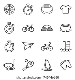 thin line icon set : target, stopwatch, smart bracelet, t shirt, bike, dome house, stadium, deltaplane, pool, diving mask, tennis, windsurfing, horse