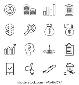 thin line icon set : target audience, coin stack, graph, clipboard, dollar, magnifier, money bag, gift, diagram, bulb head, mobile checking, golf, stairs, housing