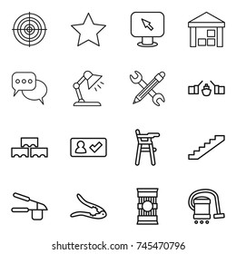 thin line icon set : target, star, monitor arrow, warehouse, discussion, table lamp, pencil wrench, drawbridge, block wall, check in, Chair for babies, stairs, garlic clasp, walnut crack, pasta