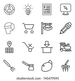 thin line icon set : target audience, bulb, abacus, monitor arrow, virtual mask, cart, shop signboard, pencil, map, do not trolley sign, package, train, big fork, turk, lemon, vacuum cleaner