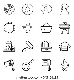 thin line icon set : target, circle diagram, money message, chess horse, chip, remove from basket, arch, mansion, repair, dresser, armchair, mixer, pan, fire
