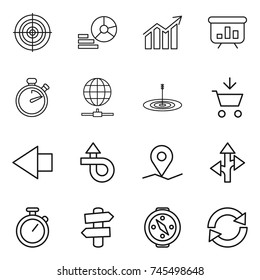 thin line icon set : target, diagram, presentation, stopwatch, globe connect, add to cart, left arrow, trip, geo pin, route, signpost, compass, reload