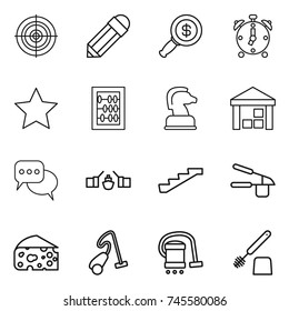 thin line icon set : target, pencil, dollar magnifier, alarm clock, star, abacus, chess horse, warehouse, discussion, drawbridge, stairs, garlic clasp, cheese, vacuum cleaner, toilet brush