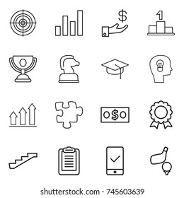 thin line icon set : target, graph, investment, pedestal, trophy, chess horse, graduate hat, bulb head, up, puzzle, money, medal, stairs, clipboard, mobile checking, golf