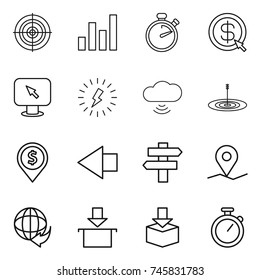 thin line icon set : target, graph, stopwatch, dollar arrow, monitor, lightning, cloud wireless, pin, left, singlepost, geo, delivery, package
