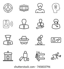 thin line icon set : target audience, team, woman, bulb head, pass card, client, support manager, security man, confidential, tourist, check in, detector, passenger, skyscrapers cleaning