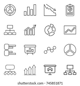 thin line icon set : target audience, graph, crisis, report, hierarchy, diagram, circle, statistics, presentation, structure, up