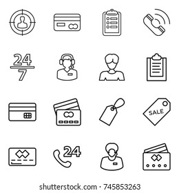 thin line icon set : target audience, card, clipboard, call, 24 7, center, woman, credit, label, sale, phone, support manager