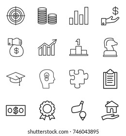 thin line icon set : target, coin stack, graph, investment, money gift, diagram, pedestal, chess horse, graduate hat, bulb head, puzzle, clipboard, medal, golf, housing