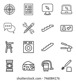 thin line icon set : target, abacus, monitor arrow, notebook, discussion, pencil wrench, stairs, check in, Chair for babies, washing machine, garlic clasp, pasta, cheese, vacuum cleaner