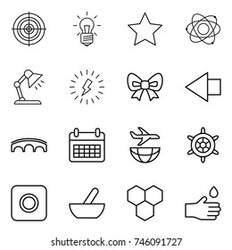 thin line icon set : target, bulb, star, atom, table lamp, lightning, bow, left arrow, bridge, calendar, plane shipping, handwheel, ring button, mortar, honeycombs, hand drop